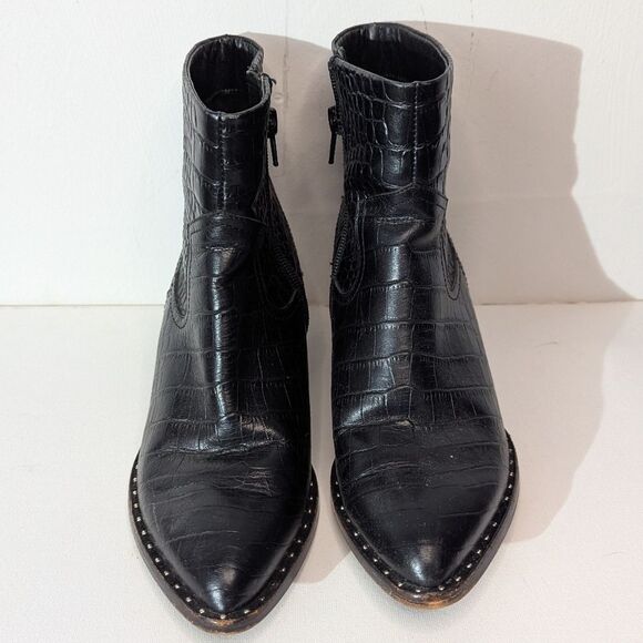 Something Navy Wesley Crocodile Embossed Leather Black Booties Boots Women's 6 - Picture 2 of 8
